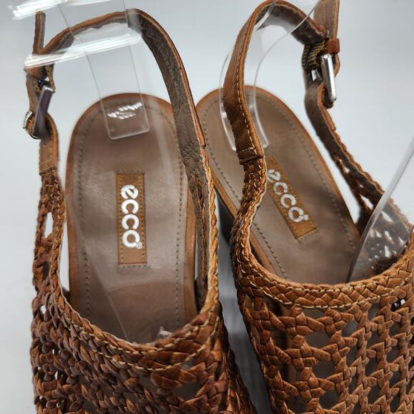 Ecco Open Peep Toe Wedge Sandals EU 40 US 9-9.5 Brown Leather Woven - Picture 4 of 8